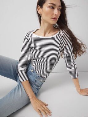 White House Black Market Black & White Striped Long Sleeve Boatneck Top